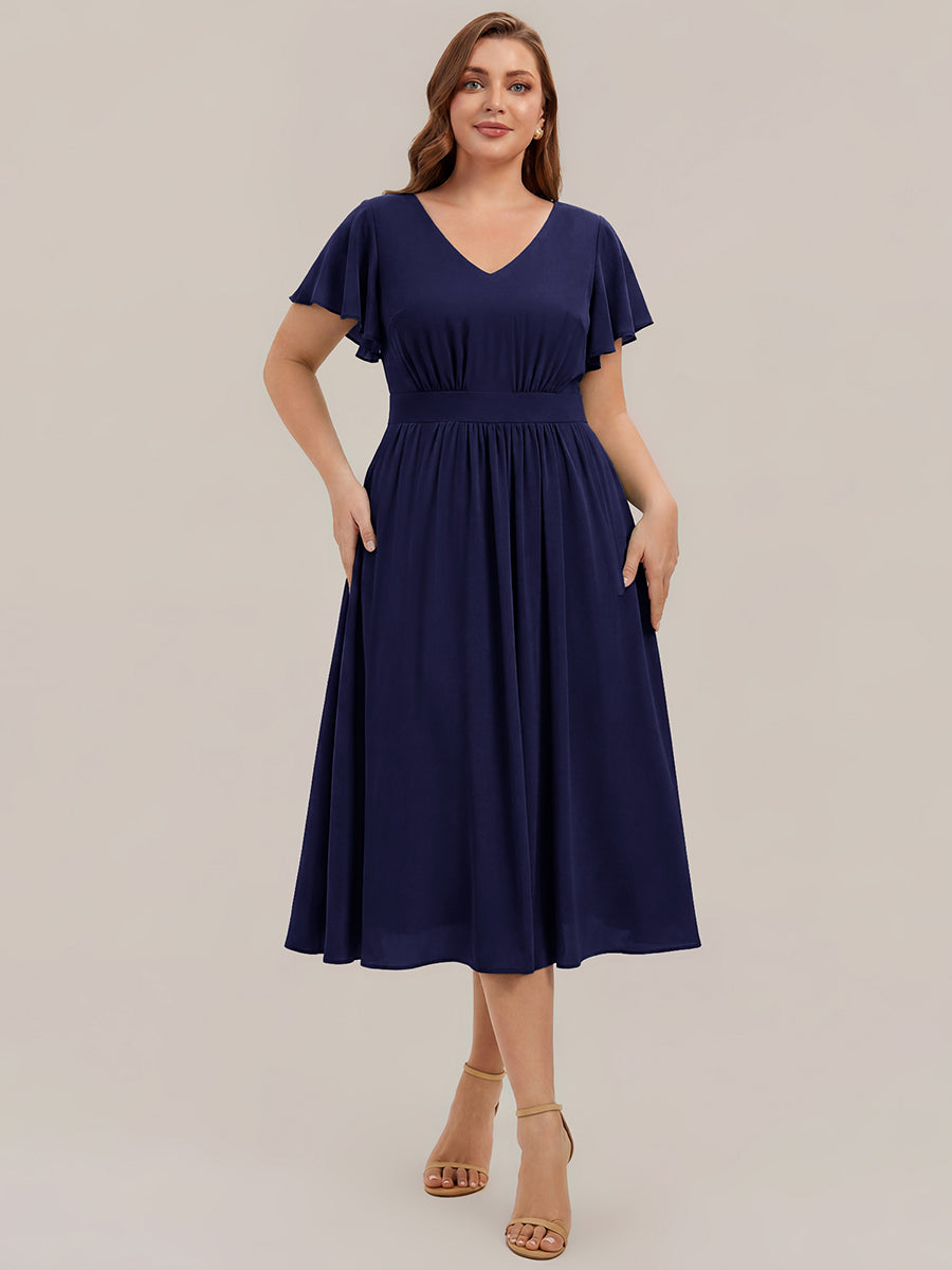 robe midi à manches courtes en V sans élasthanne avec des manches volantes #Couleur_Bleu Marine