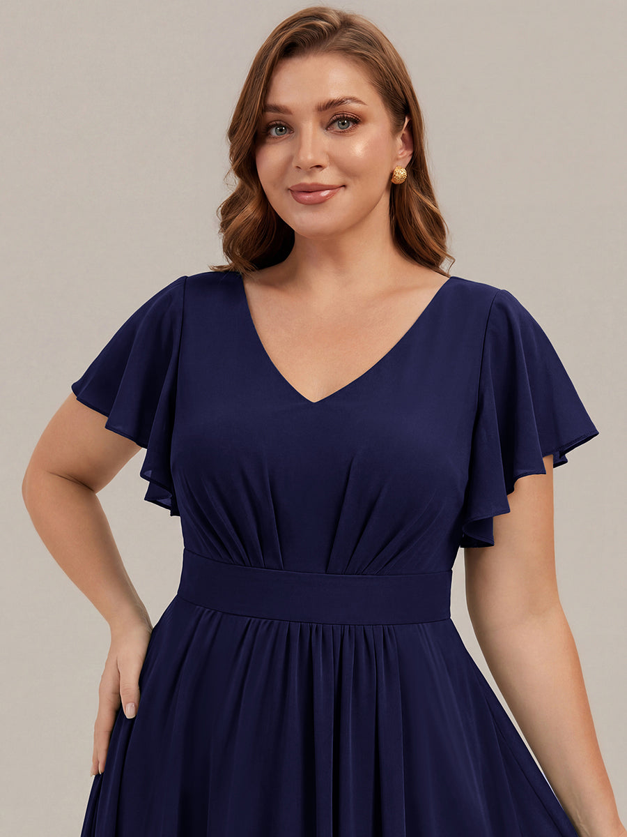 robe midi à manches courtes en V sans élasthanne avec des manches volantes #Couleur_Bleu Marine