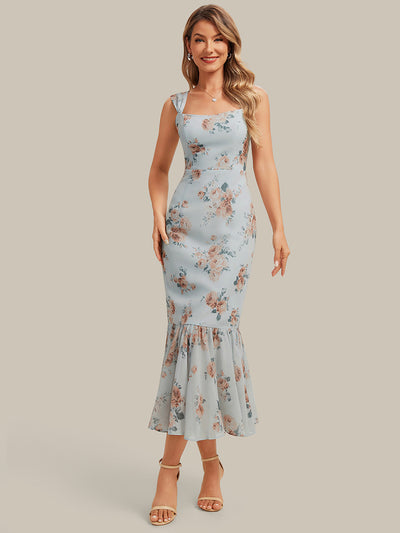 Robe midi sirène sans manches à décolleté en cœur avec corset à imprimé floral plissé
