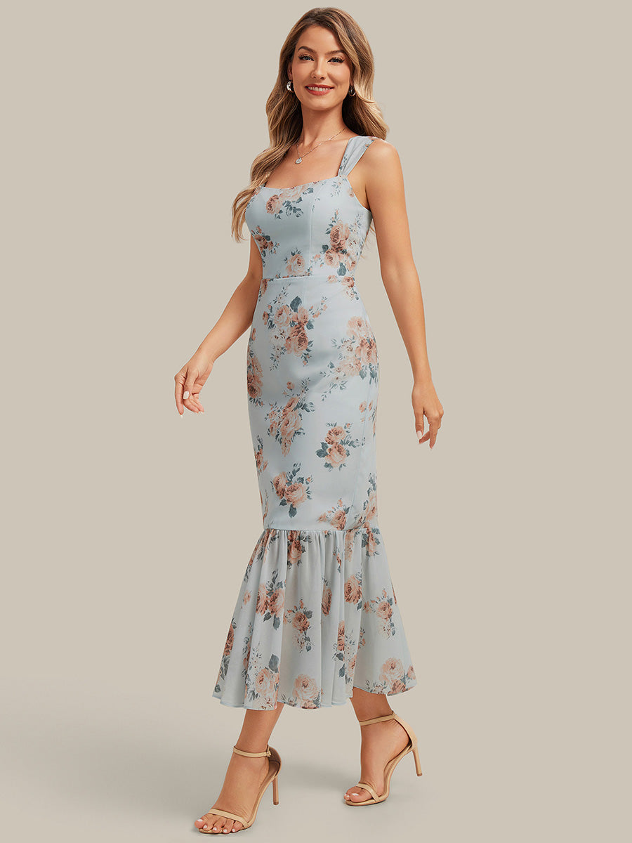 Robe midi sirène sans manches à décolleté en cœur avec corset à imprimé floral plissé #Couleur_Floraison Ambrée