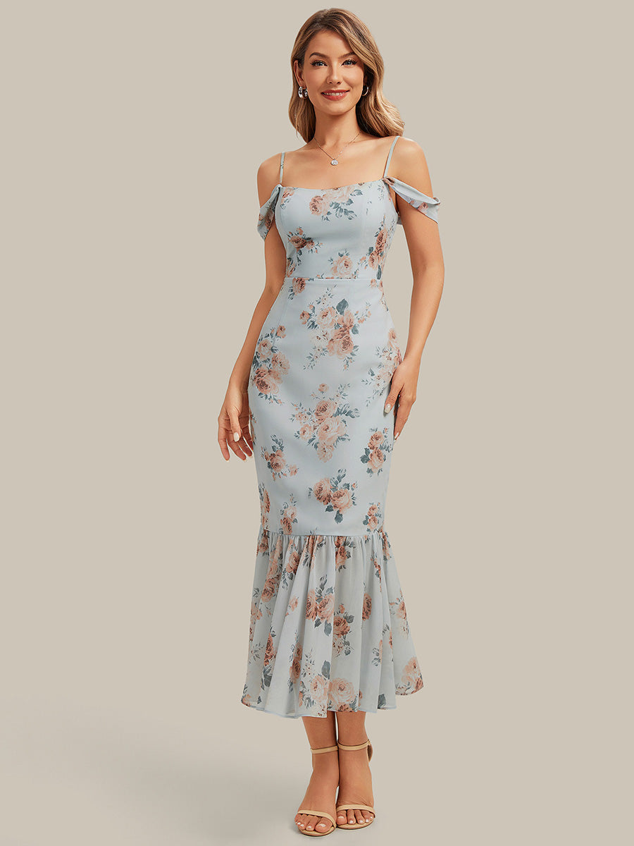 Robe midi sirène sans manches à décolleté en cœur avec corset à imprimé floral plissé #Couleur_Floraison Ambrée