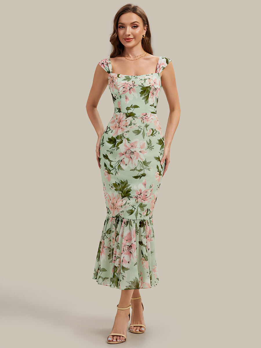Robe midi sirène sans manches à décolleté en cœur avec corset à imprimé floral plissé #Couleur_Vert clair à fleurs