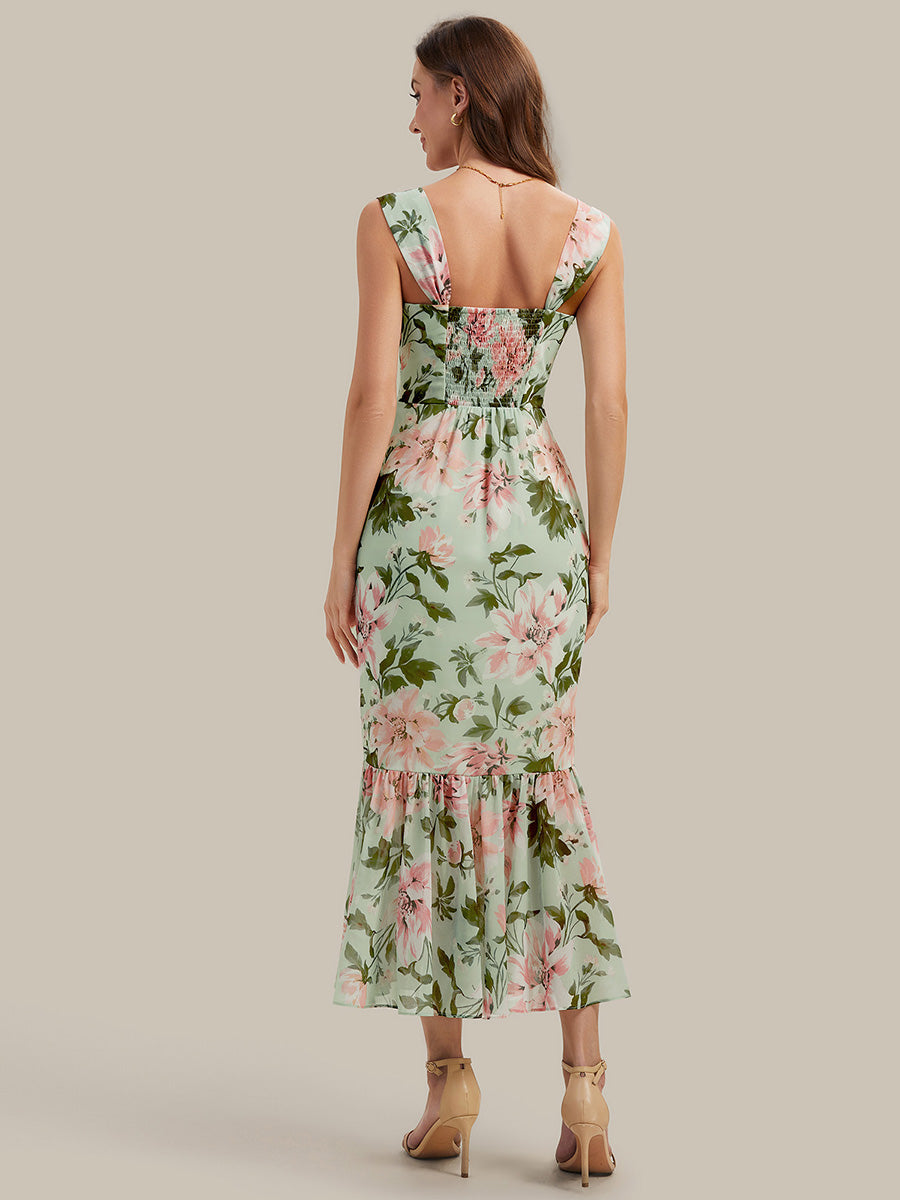 Robe midi sirène sans manches à décolleté en cœur avec corset à imprimé floral plissé #Couleur_Vert clair à fleurs