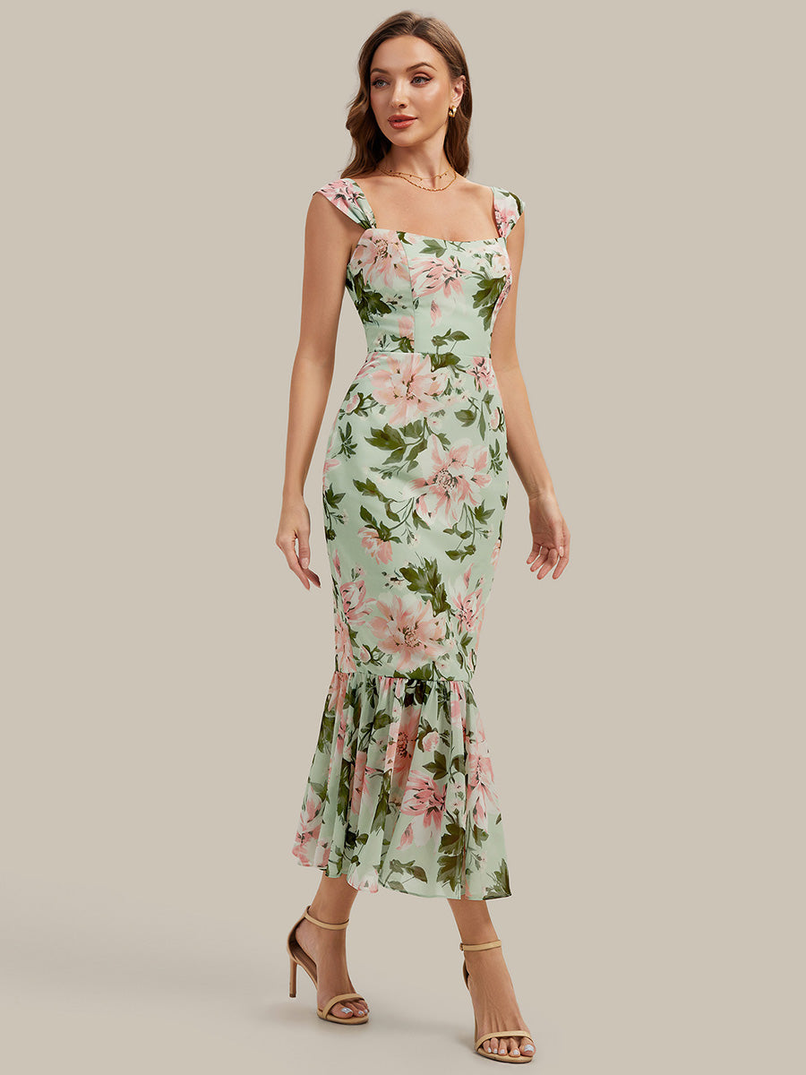 Robe midi sirène sans manches à décolleté en cœur avec corset à imprimé floral plissé #Couleur_Vert clair à fleurs