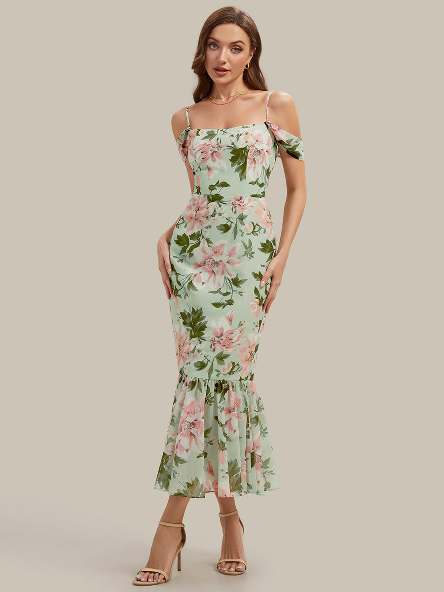 Robe midi sirène sans manches à décolleté en cœur avec corset à imprimé floral plissé #Couleur_Vert clair à fleurs