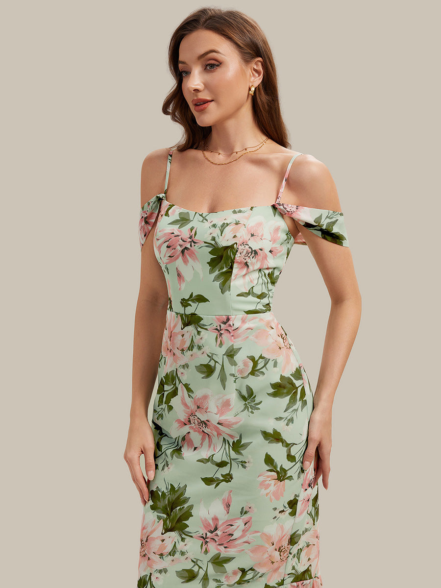 Robe midi sirène sans manches à décolleté en cœur avec corset à imprimé floral plissé #Couleur_Vert clair à fleurs