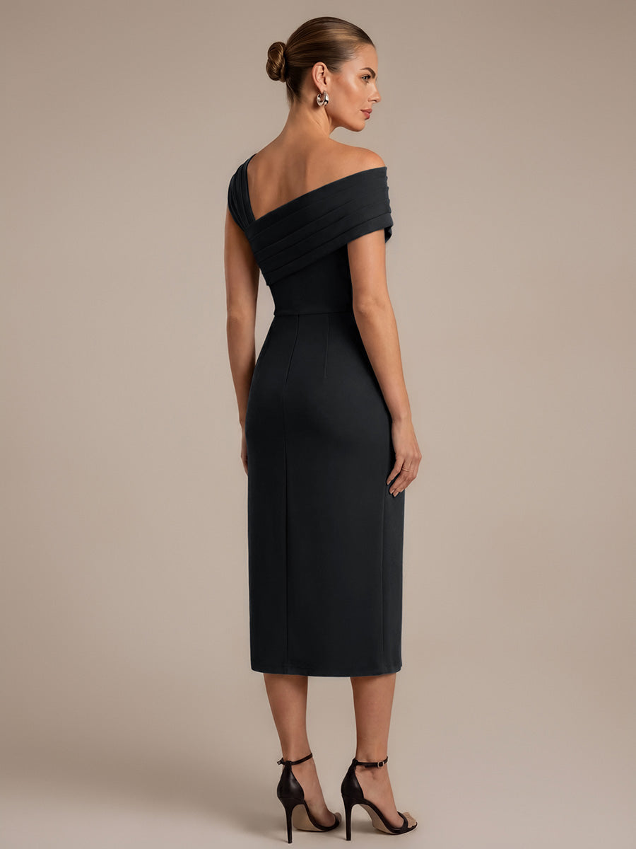 Robe midi ajust¨¦e ¨¤ encolure carr¨¦e ¨¤ manches courtes avec fente sur le c?t¨¦ #Couleur_Noir