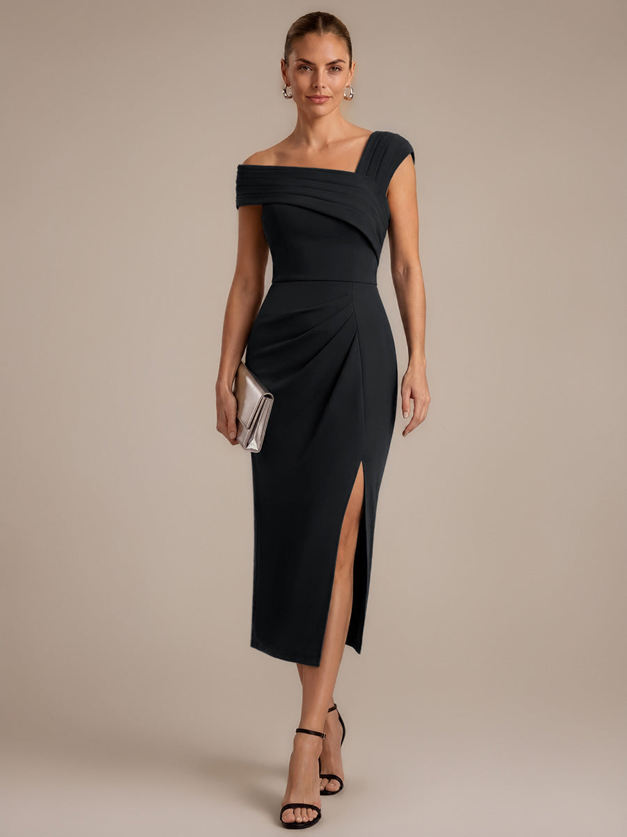 Robe midi ajust¨¦e ¨¤ encolure carr¨¦e ¨¤ manches courtes avec fente sur le c?t¨¦ #Couleur_Noir