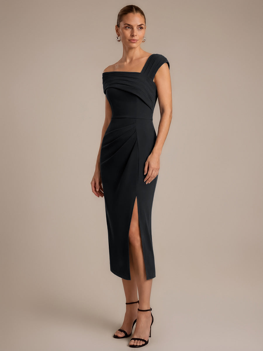 Robe midi ajust¨¦e ¨¤ encolure carr¨¦e ¨¤ manches courtes avec fente sur le c?t¨¦ #Couleur_Noir