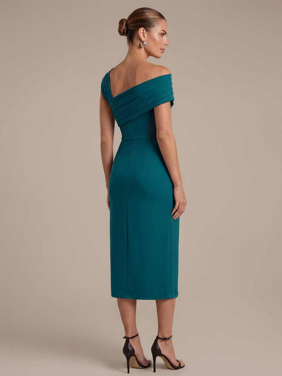 Robe midi ajust¨¦e ¨¤ encolure carr¨¦e ¨¤ manches courtes avec fente sur le c?t¨¦ #Couleur_Bleu Sarcelle