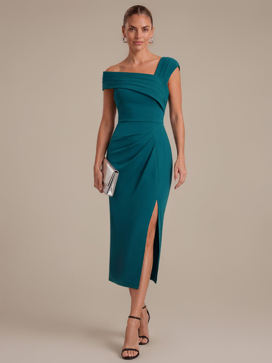 Robe midi ajust¨¦e ¨¤ encolure carr¨¦e ¨¤ manches courtes avec fente sur le c?t¨¦ #Couleur_Bleu Sarcelle
