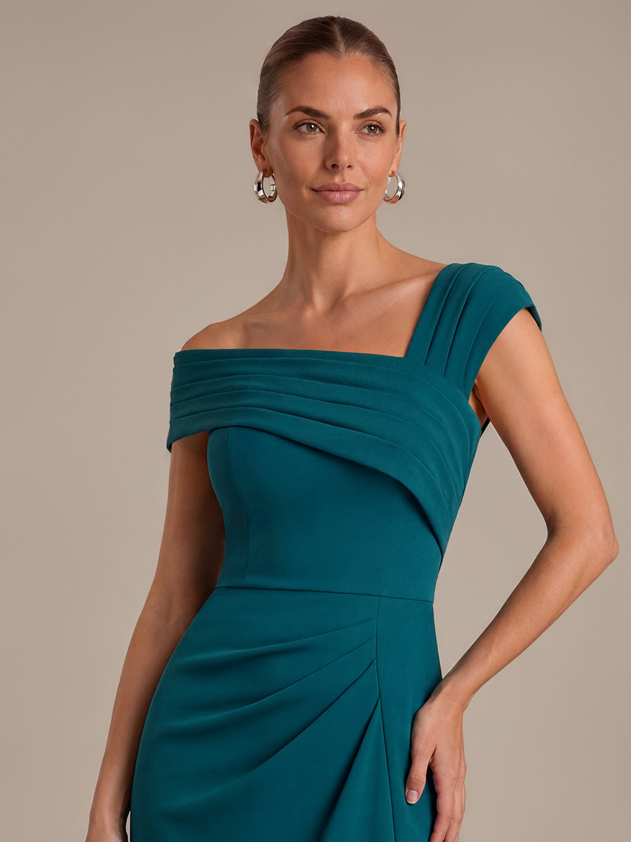 Robe midi ajust¨¦e ¨¤ encolure carr¨¦e ¨¤ manches courtes avec fente sur le c?t¨¦ #Couleur_Bleu Sarcelle