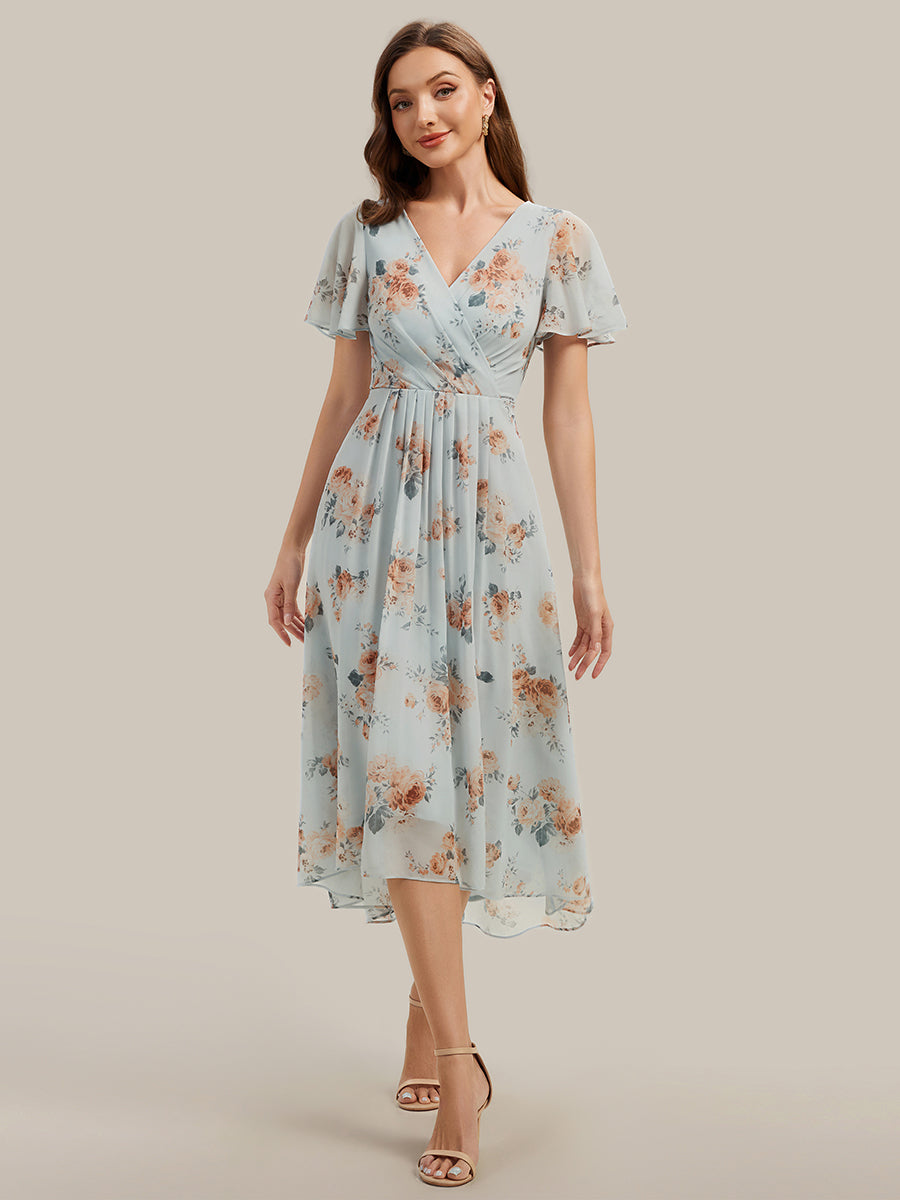 robe à volants à pois à manches courtes décolleté en V asymétrique A-line #Couleur_Floraison Ambrée