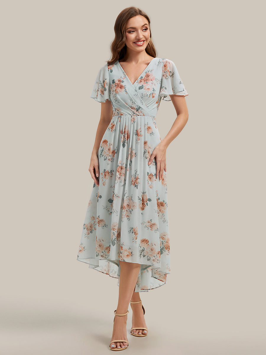 robe à volants à pois à manches courtes décolleté en V asymétrique A-line #Couleur_Floraison Ambrée