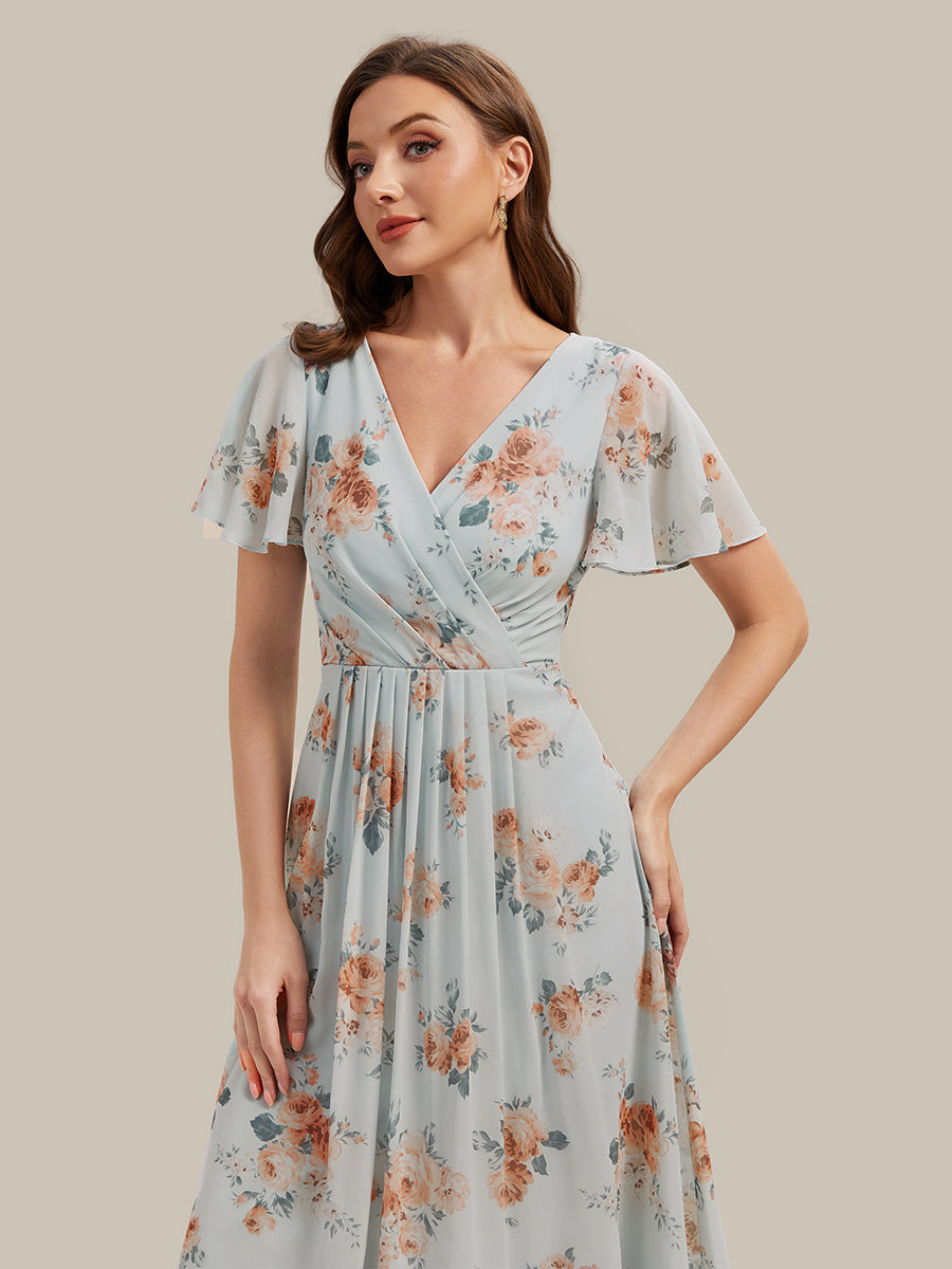 robe à volants à pois à manches courtes décolleté en V asymétrique A-line #Couleur_Floraison Ambrée