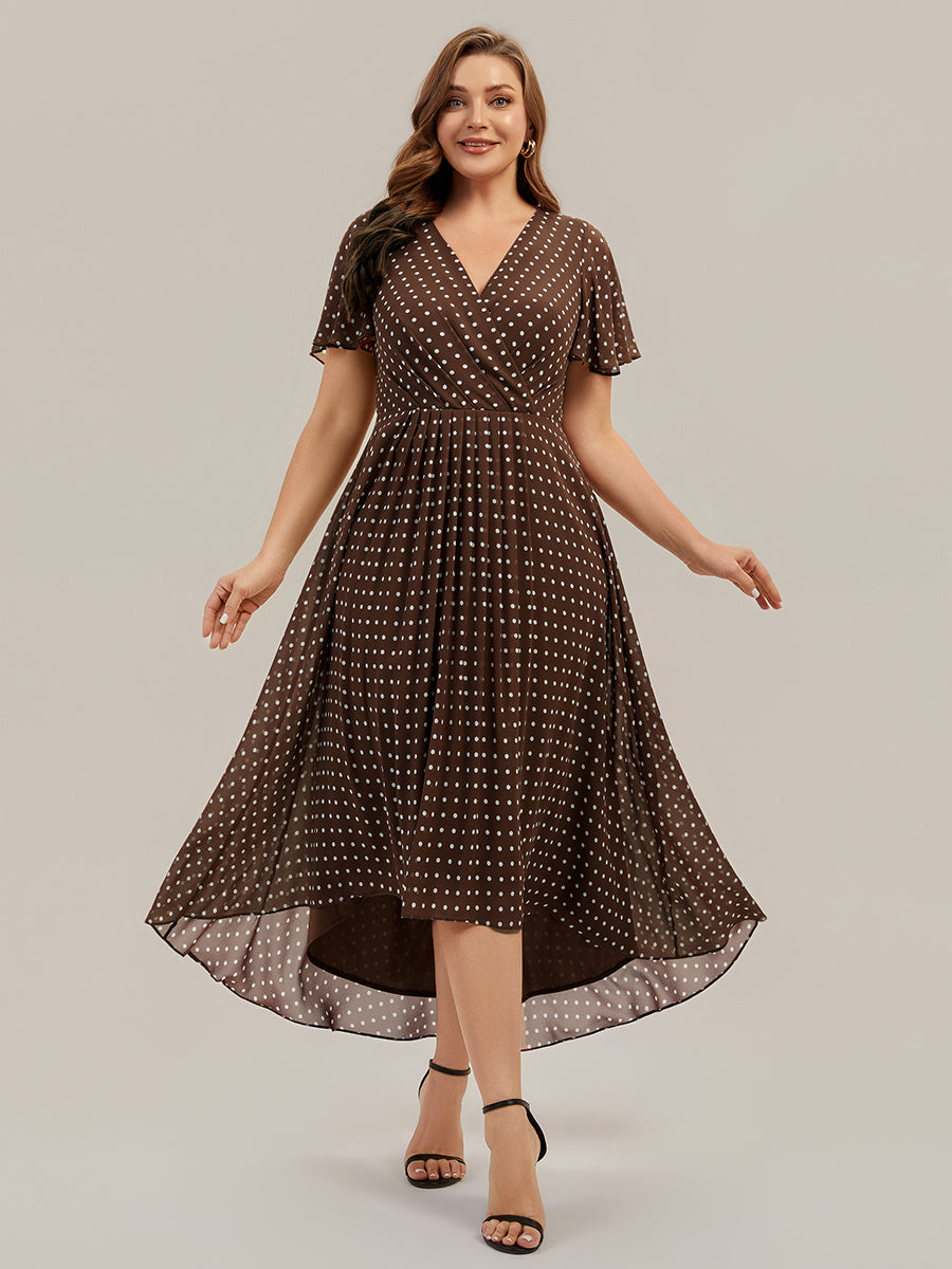 robe à volants à pois à manches courtes décolleté en V asymétrique A-line #Couleur_Pois Marrons