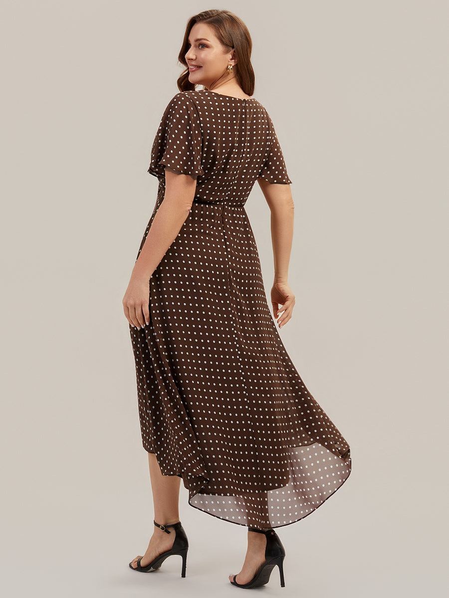 robe à volants à pois à manches courtes décolleté en V asymétrique A-line #Couleur_Pois Marrons