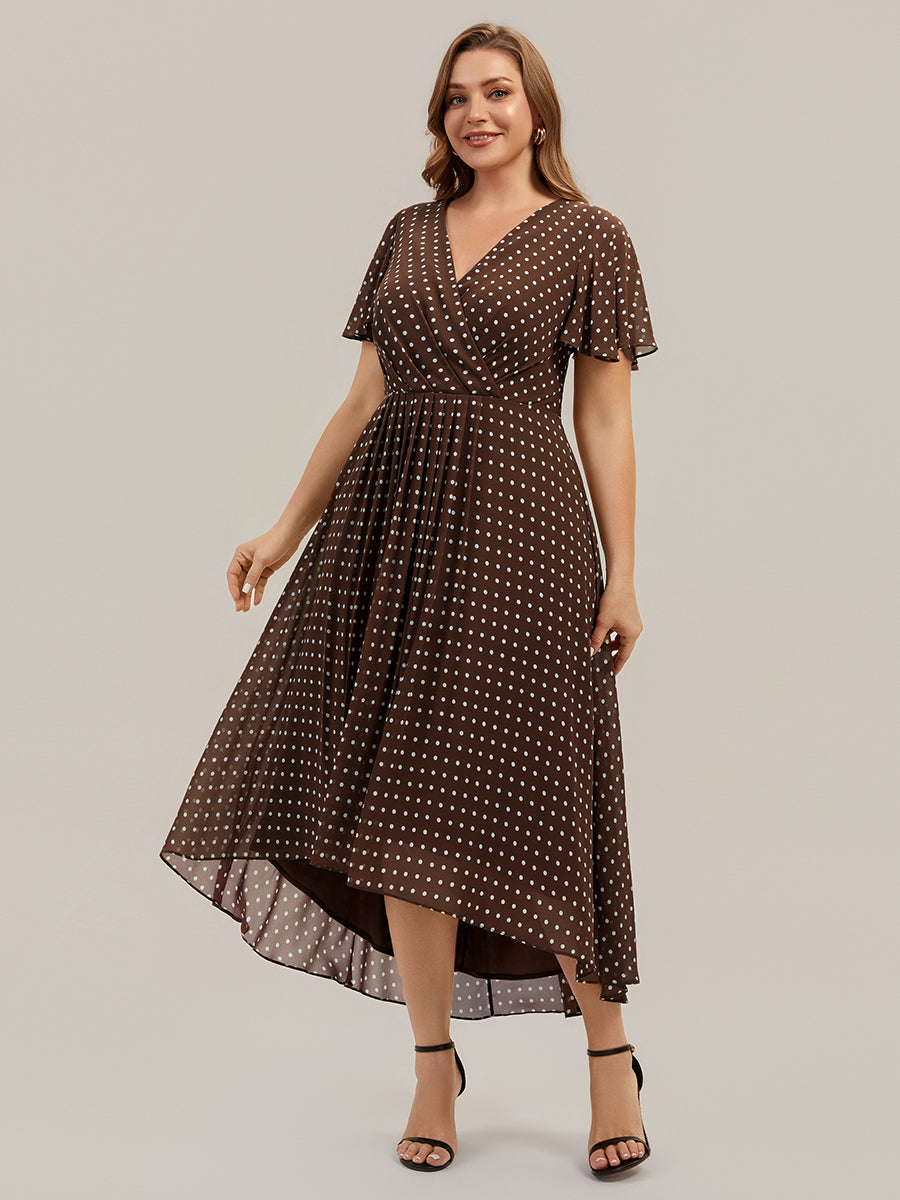 robe à volants à pois à manches courtes décolleté en V asymétrique A-line #Couleur_Pois Marrons