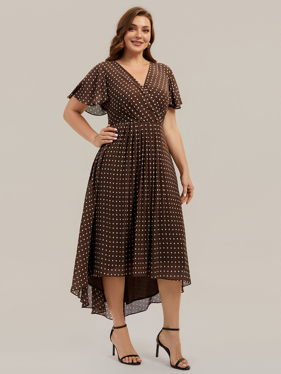 robe à volants à pois à manches courtes décolleté en V asymétrique A-line #Couleur_Pois Marrons