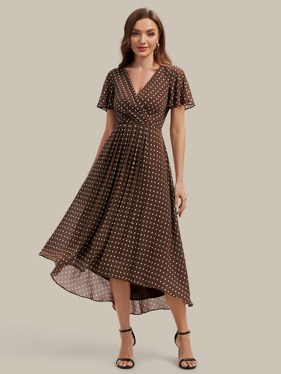 robe à volants à pois à manches courtes décolleté en V asymétrique A-line #Couleur_Pois Marrons