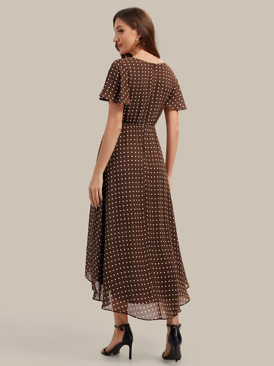 robe à volants à pois à manches courtes décolleté en V asymétrique A-line #Couleur_Pois Marrons