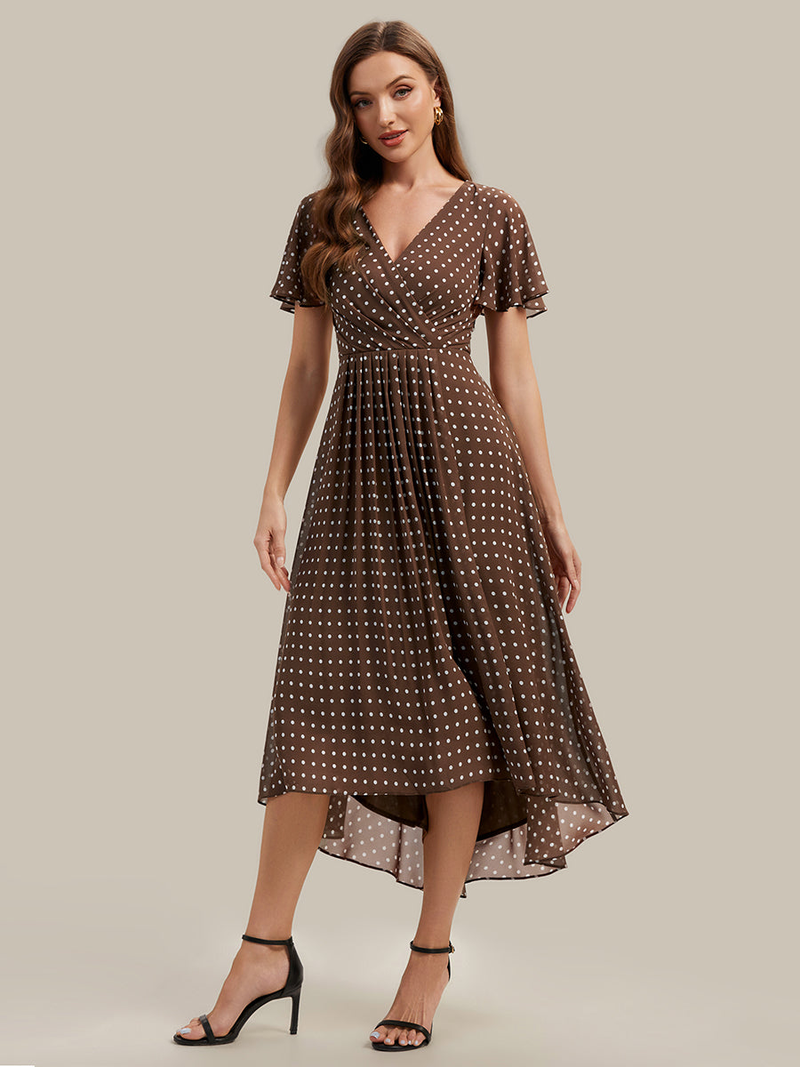 robe à volants à pois à manches courtes décolleté en V asymétrique A-line #Couleur_Pois Marrons