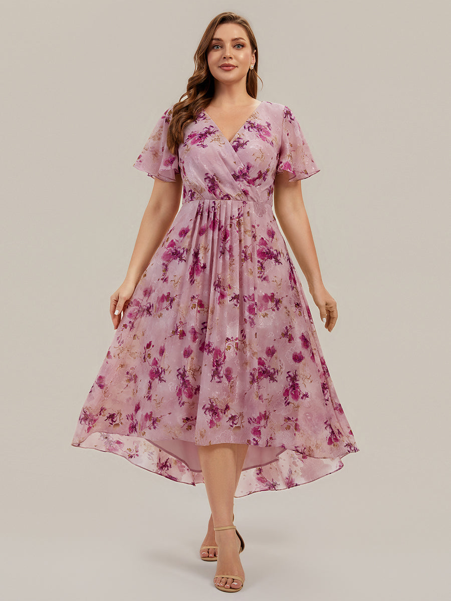 robe à volants à pois à manches courtes décolleté en V asymétrique A-line #Couleur_Imprimé lilas clair