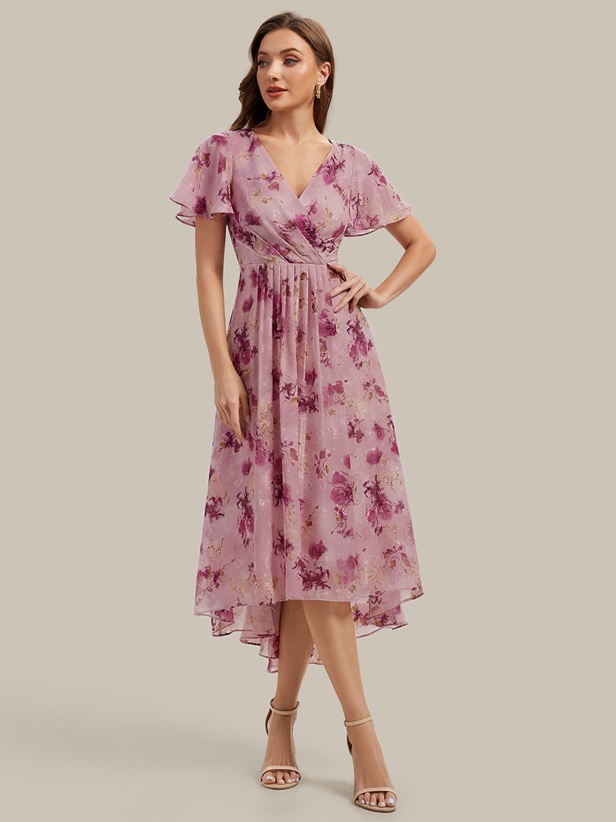 robe à volants à pois à manches courtes décolleté en V asymétrique A-line #Couleur_Imprimé lilas clair