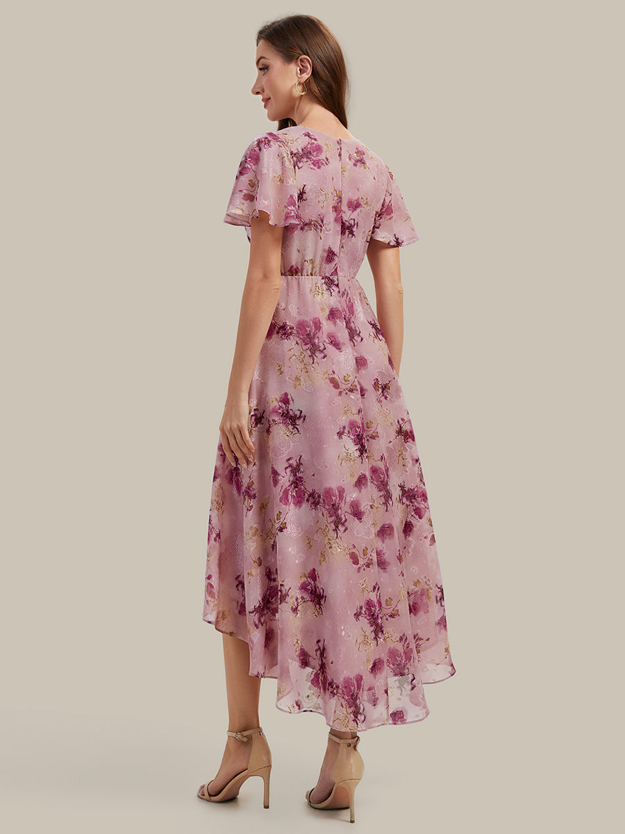 robe à volants à pois à manches courtes décolleté en V asymétrique A-line #Couleur_Imprimé lilas clair