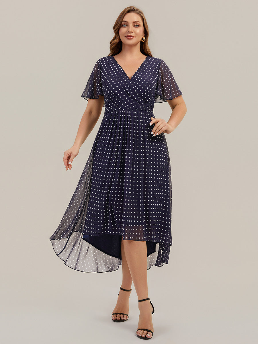 robe à volants à pois à manches courtes décolleté en V asymétrique A-line #Couleur_Pois Noirs