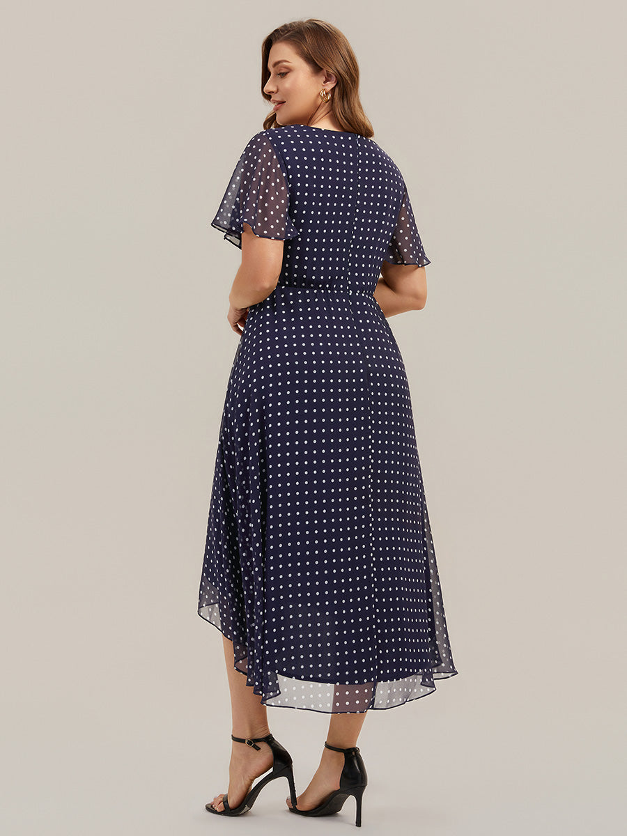 robe à volants à pois à manches courtes décolleté en V asymétrique A-line #Couleur_Pois Noirs