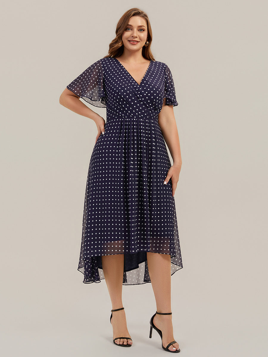 robe à volants à pois à manches courtes décolleté en V asymétrique A-line #Couleur_Pois Noirs