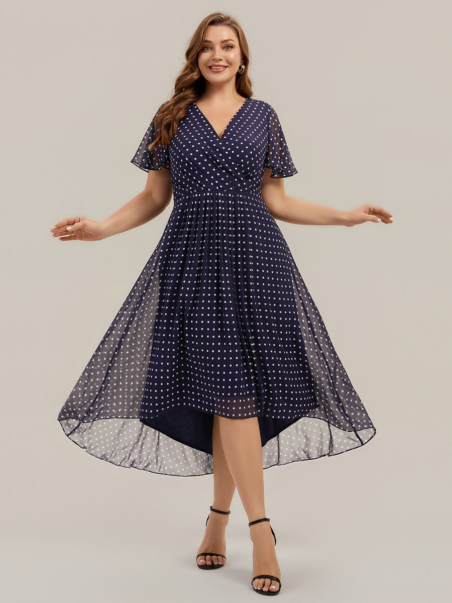 robe à volants à pois à manches courtes décolleté en V asymétrique A-line #Couleur_Pois Noirs