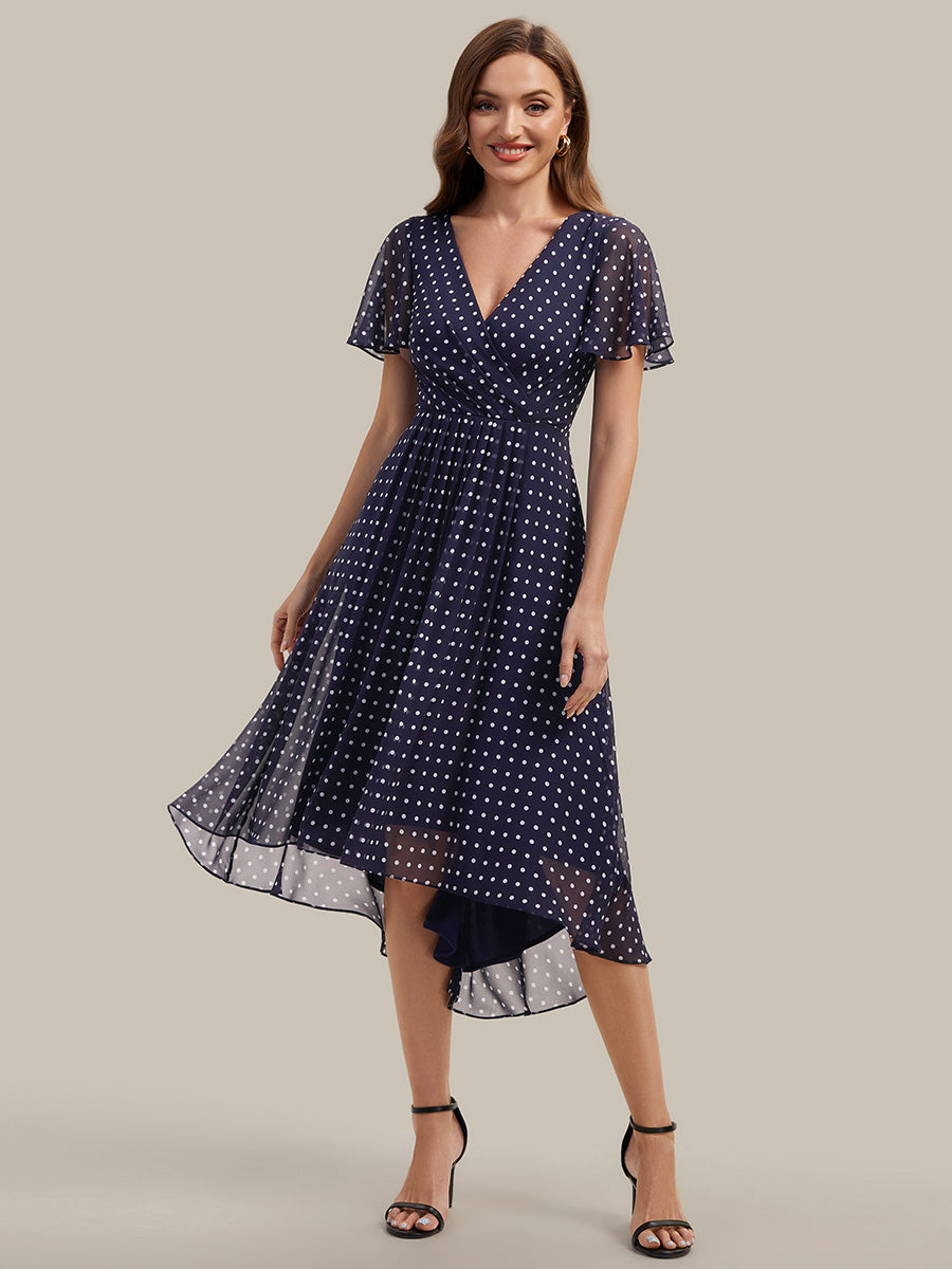 robe à volants à pois à manches courtes décolleté en V asymétrique A-line #Couleur_Pois Noirs