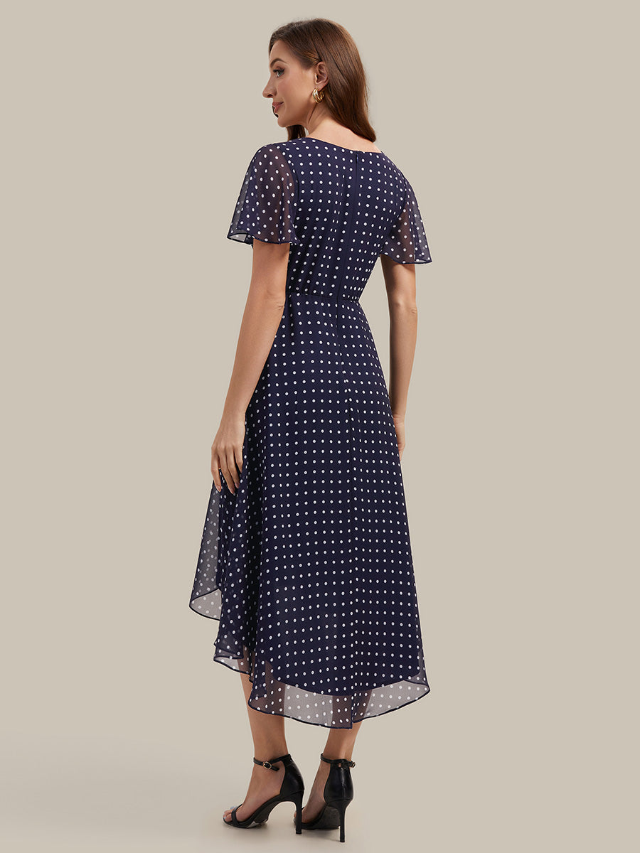 robe à volants à pois à manches courtes décolleté en V asymétrique A-line #Couleur_Pois Noirs