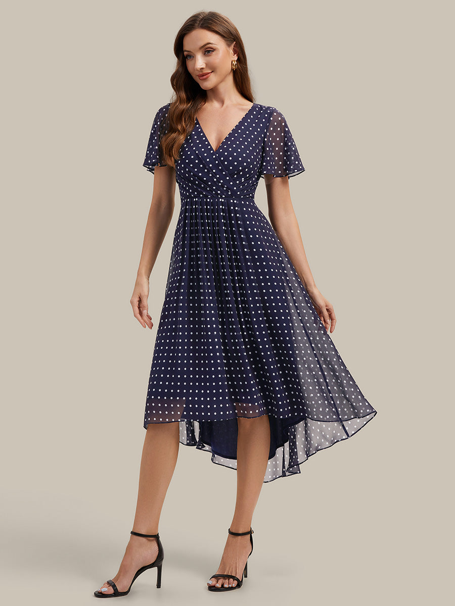 robe à volants à pois à manches courtes décolleté en V asymétrique A-line #Couleur_Pois Noirs