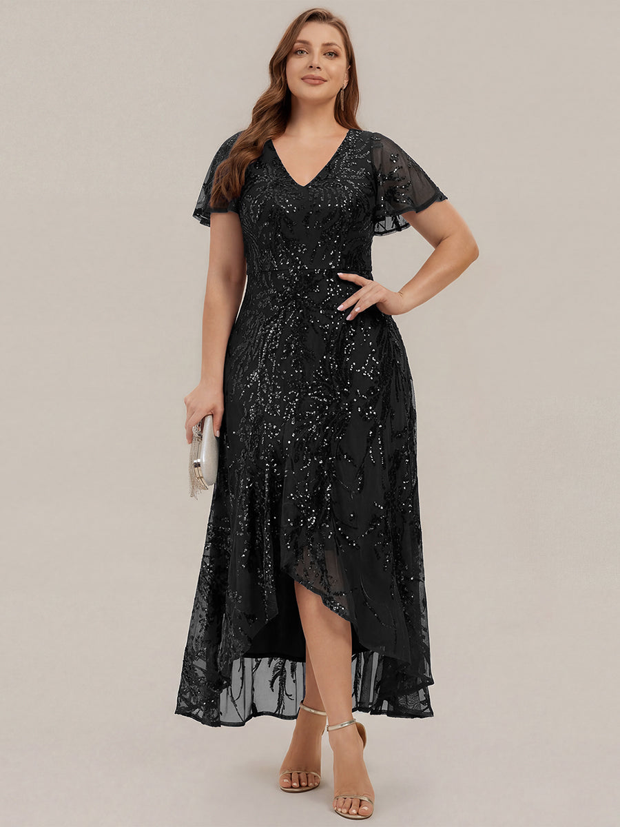 robe ¨¤ sequins ¨¤ encolure en V ¨¤ volants ¨¤ manches courtes avec un ourlet asym¨¦trique haute ¨¦lasticit¨¦ #Couleur_Noir