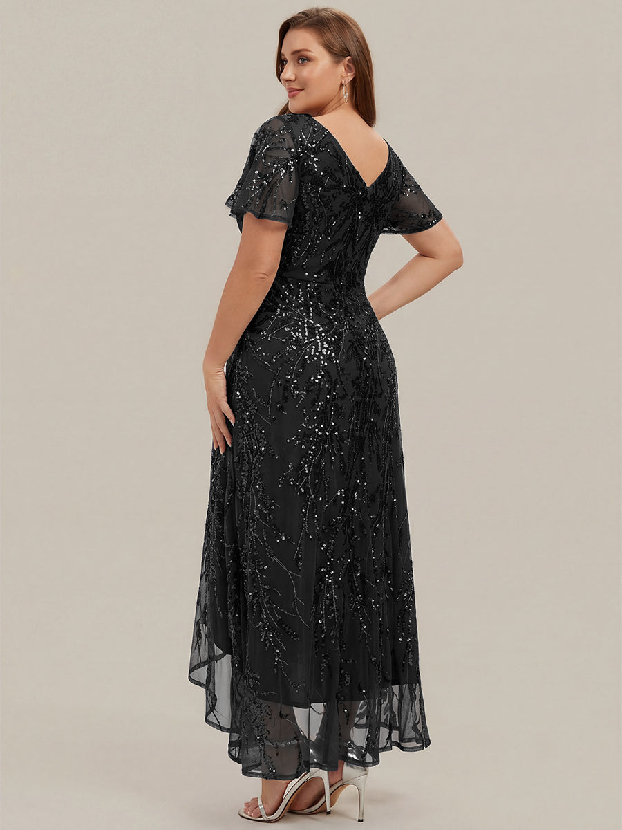 robe ¨¤ sequins ¨¤ encolure en V ¨¤ volants ¨¤ manches courtes avec un ourlet asym¨¦trique haute ¨¦lasticit¨¦ #Couleur_Noir