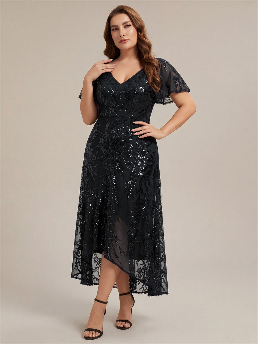 robe ¨¤ sequins ¨¤ encolure en V ¨¤ volants ¨¤ manches courtes avec un ourlet asym¨¦trique haute ¨¦lasticit¨¦ #Couleur_Noir