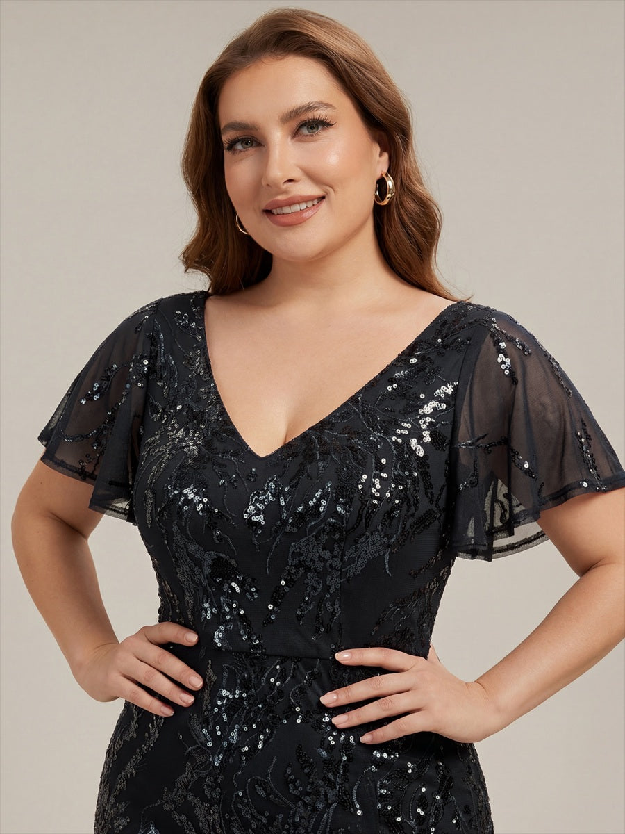 robe ¨¤ sequins ¨¤ encolure en V ¨¤ volants ¨¤ manches courtes avec un ourlet asym¨¦trique haute ¨¦lasticit¨¦ #Couleur_Noir