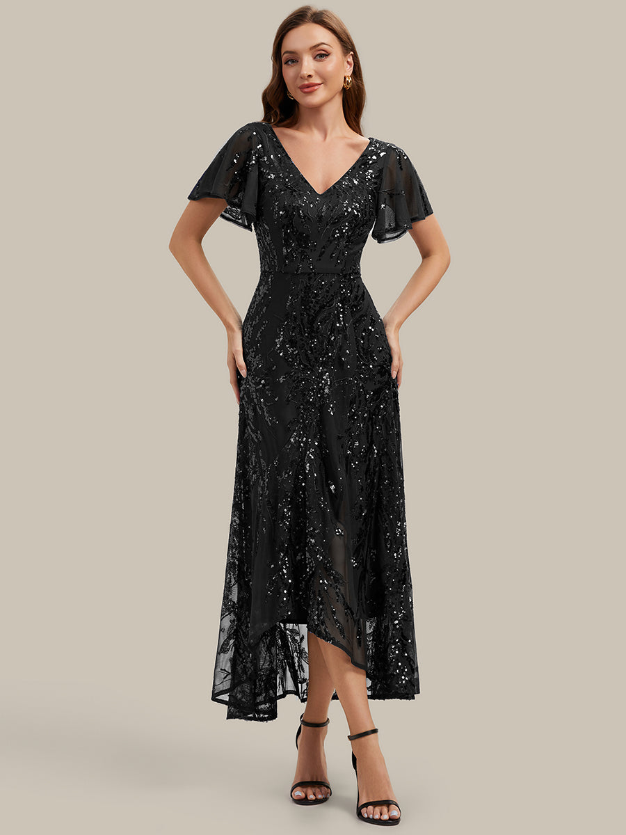 robe ¨¤ sequins ¨¤ encolure en V ¨¤ volants ¨¤ manches courtes avec un ourlet asym¨¦trique haute ¨¦lasticit¨¦ #Couleur_Noir