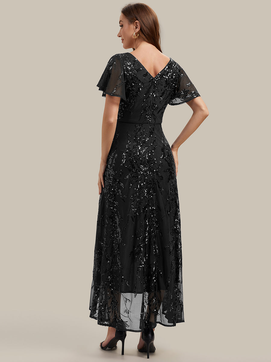 robe ¨¤ sequins ¨¤ encolure en V ¨¤ volants ¨¤ manches courtes avec un ourlet asym¨¦trique haute ¨¦lasticit¨¦ #Couleur_Noir