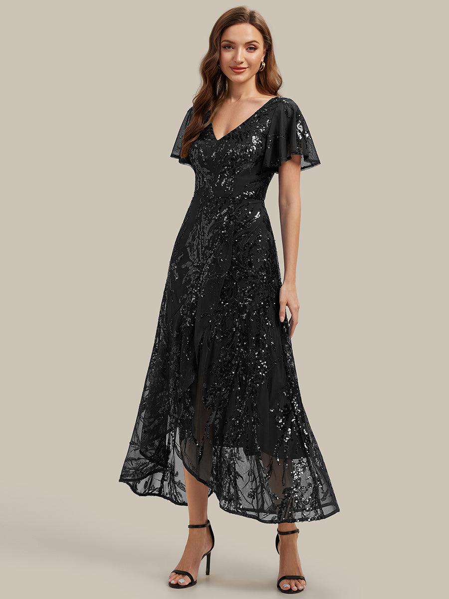 robe ¨¤ sequins ¨¤ encolure en V ¨¤ volants ¨¤ manches courtes avec un ourlet asym¨¦trique haute ¨¦lasticit¨¦ #Couleur_Noir