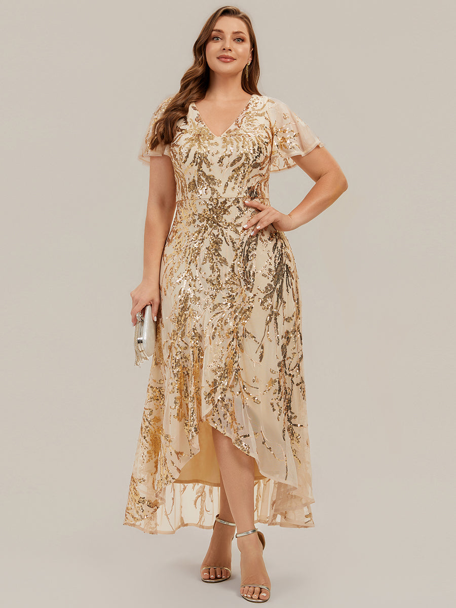 robe ¨¤ sequins ¨¤ encolure en V ¨¤ volants ¨¤ manches courtes avec un ourlet asym¨¦trique haute ¨¦lasticit¨¦ #Couleur_Dorée