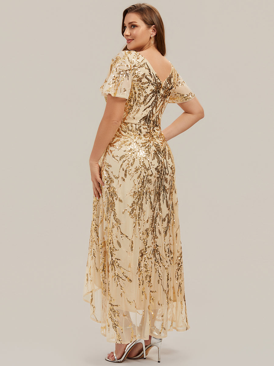 robe ¨¤ sequins ¨¤ encolure en V ¨¤ volants ¨¤ manches courtes avec un ourlet asym¨¦trique haute ¨¦lasticit¨¦ #Couleur_Dorée