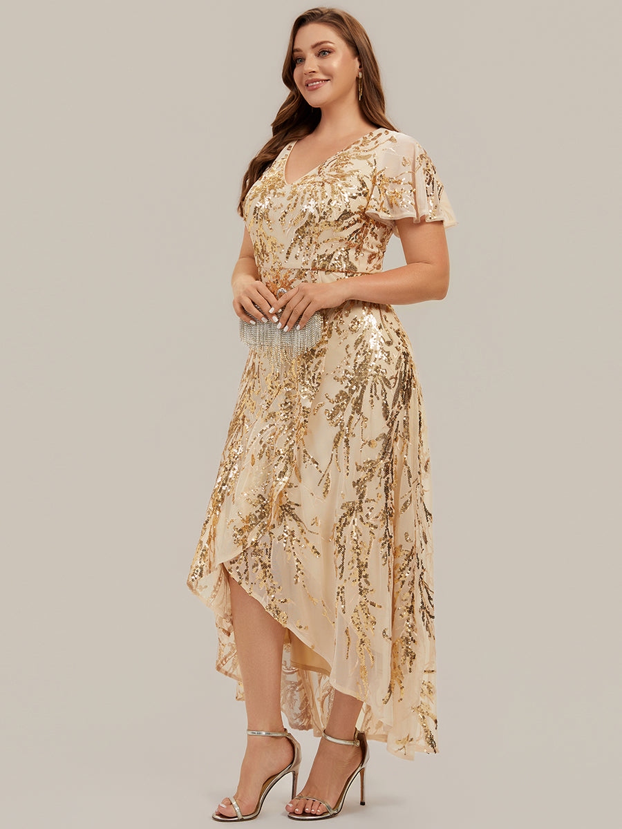 robe ¨¤ sequins ¨¤ encolure en V ¨¤ volants ¨¤ manches courtes avec un ourlet asym¨¦trique haute ¨¦lasticit¨¦ #Couleur_Dorée