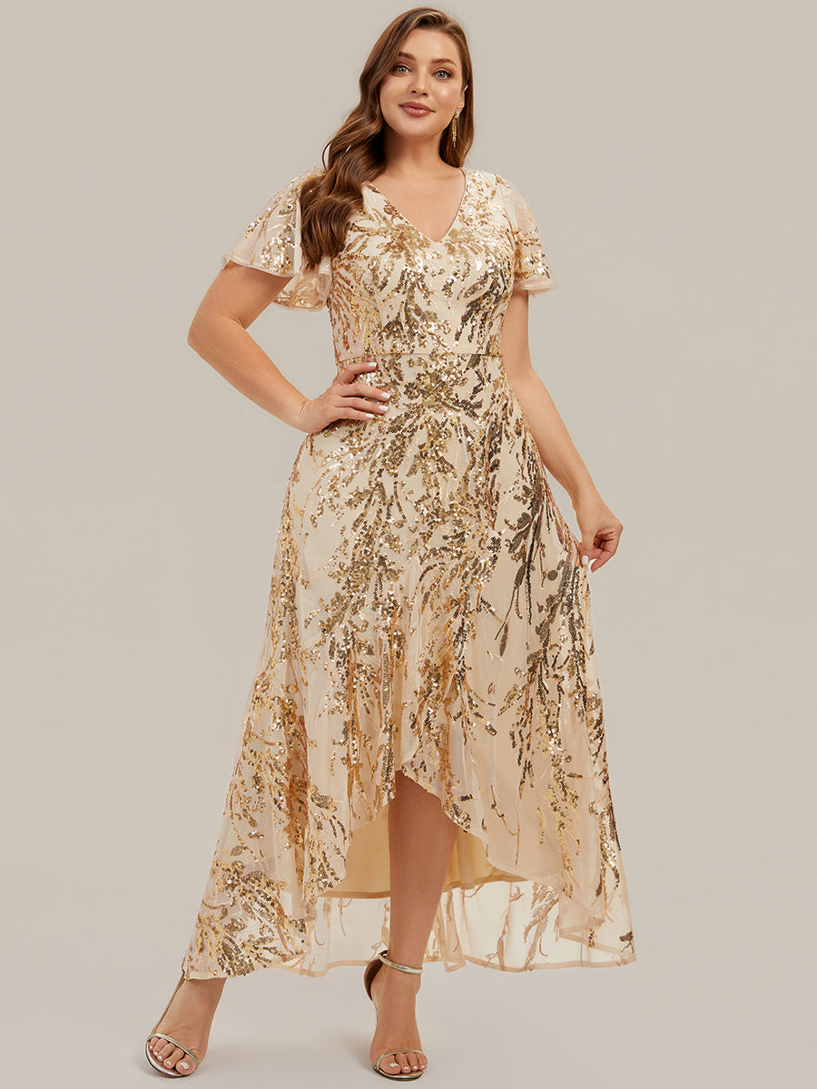 robe ¨¤ sequins ¨¤ encolure en V ¨¤ volants ¨¤ manches courtes avec un ourlet asym¨¦trique haute ¨¦lasticit¨¦ #Couleur_Dorée