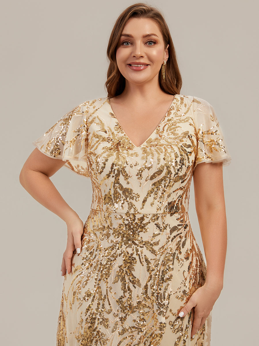 robe ¨¤ sequins ¨¤ encolure en V ¨¤ volants ¨¤ manches courtes avec un ourlet asym¨¦trique haute ¨¦lasticit¨¦ #Couleur_Dorée