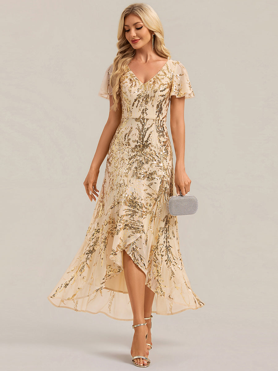 robe ¨¤ sequins ¨¤ encolure en V ¨¤ volants ¨¤ manches courtes avec un ourlet asym¨¦trique haute ¨¦lasticit¨¦ #Couleur_Dorée