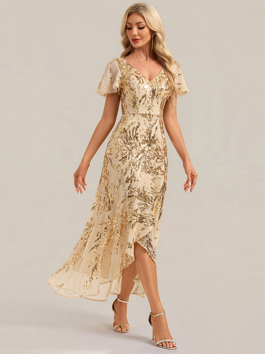 robe ¨¤ sequins ¨¤ encolure en V ¨¤ volants ¨¤ manches courtes avec un ourlet asym¨¦trique haute ¨¦lasticit¨¦ #Couleur_Dorée